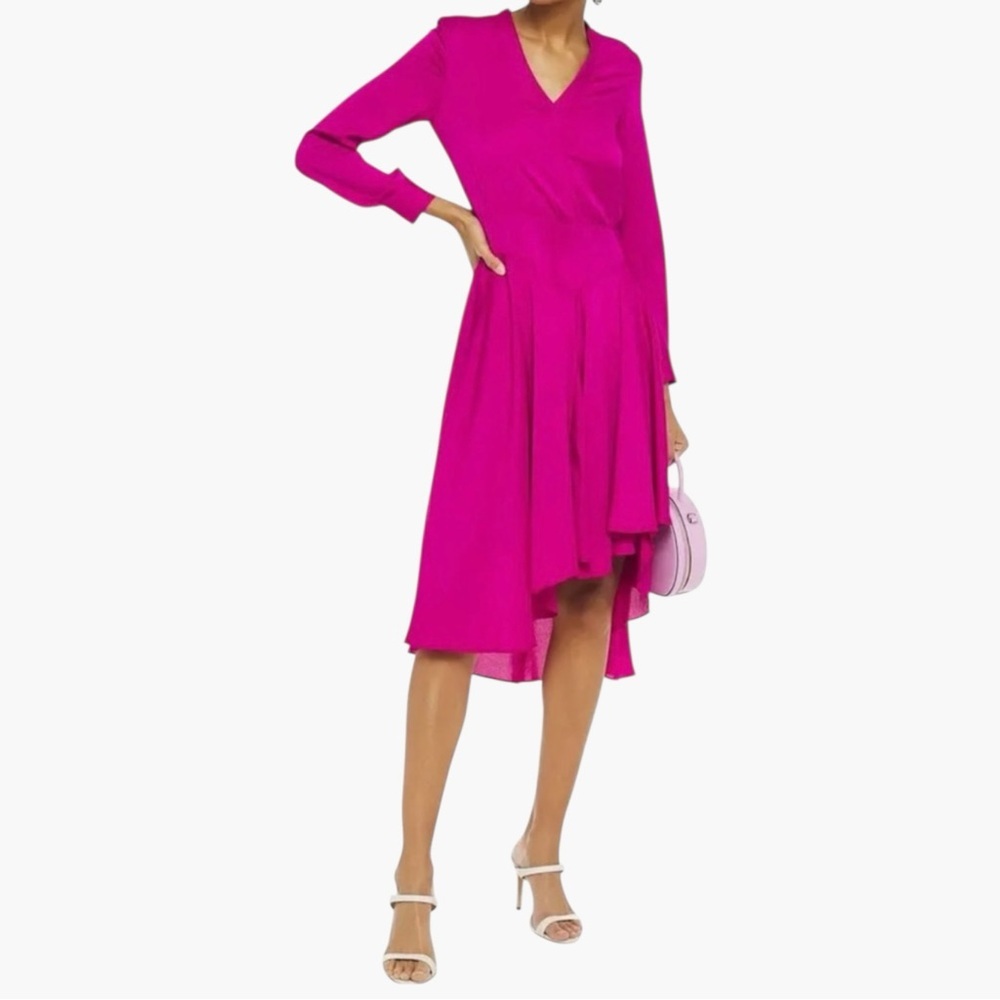Maje Rushia Asymmetric Ruffled Satin-Crepe Dress in Fuchsia Women’s Size S